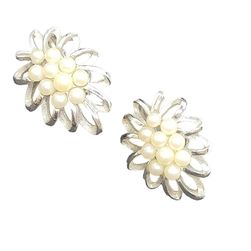 Vintage Crown Trifari Silver Tone and Faux Pearl Clip-on Earrings